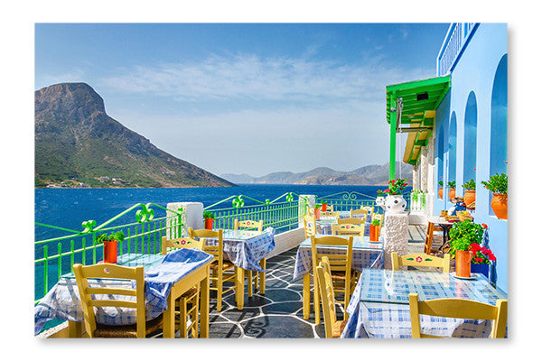 Wall Mural greek outdoor restaurant with Mediterranean sea view