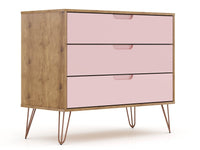 Manhattan Comfort Rockefeller Mid-Century Modern Dresser with 3-Drawers - Natural & Rose Pink