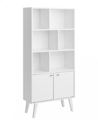 Milo Mid-Century Modern Bookcase with 6 Shelves, 2 Doors & Brushed Brass-Finished Knobs - White