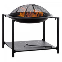 Outsunny 74cm Outdoor Fire Pit With Screen Cover And Storage Shelf, Wood Burning Fire Bowl With Poke