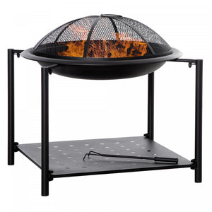 Outsunny 74cm Outdoor Fire Pit With Screen Cover And Storage Shelf, Wood Burning Fire Bowl With Poker For Patio, Backyard, Black