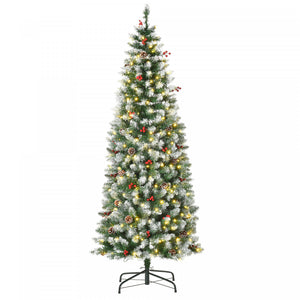 Homcom 6' Prelit Flocked Artificial Xmas Tree W/ Pine Cones, Berries