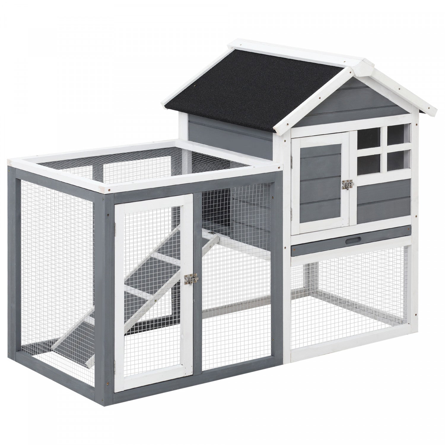 PawHut 48 Weatherproof Wooden Rabbit Hutch With Slant Roof And Screened Outdoor Run Grey