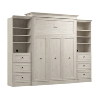 Bestar Versatile Queen Murphy Bed and Two Closet Organizers with Drawers (115 W) - Linen White Oak