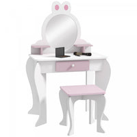 Qaba Kids Vanity Set With Mirror And Stool, Makeup Vanity Table For Children 3-6 Years Old, With Dra