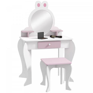 Qaba Kids Vanity Set With Mirror And Stool, Makeup Vanity Table For Children 3-6 Years Old, With Drawer Storage Boxes, Rabbit-design