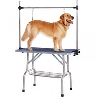 Pawhut Adjustable Dog Grooming Table Rubber Top 2 Safety Slings Mesh Storage Basket Heavy Metal Blue
