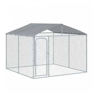 Pawhut Dog Kennel Outdoor Run Fence With Roof, Steel Lock, Mesh Sidewalls For Backyard & Patio, 9.8' X 9.8' X 7.7'