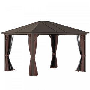 Outsunny 10' X 12' Deluxe Hardtop Gazebo With Metal Roof, Aluminum Frame Patio Gazebo Garden Sun Shelter Outdoor Pavilion With Curtains And Netting, Brown