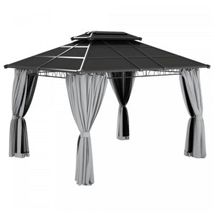 Outsunny 10' X 12' Outdoor Gazebo Canopy, Double roof Hardtop Gazebo With polycarbonate Roof, Steel Frame, Nettings and curtains, For garden, lawn, backyard and deck, Light Grey