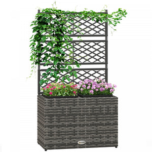 Outsunny 22l Raised Garden Box With Trellis, Pe Rattan Free Standing Flower Raised Garden Bed With Two Plant Boxes, Garden Planter Box For Climbing Plants, Mixed Grey