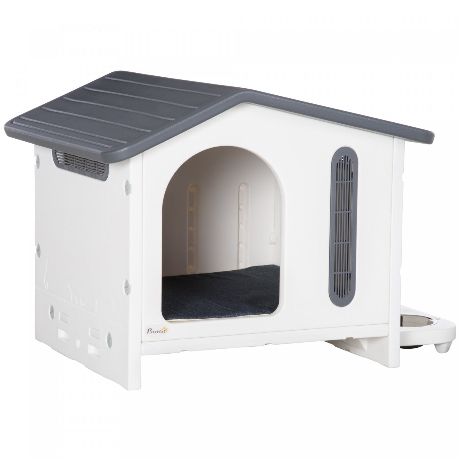 PawHut Plastic Dog House with Air Vents Small Dog House with Door Opening Elevated Floor Bowl Holder 2 Bowls Soft Washable Cushion for Small