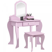 Qaba Kids Vanity Set With Mirror And Stool, Makeup Vanity Table For Children 3-6 Years Old, With Dra