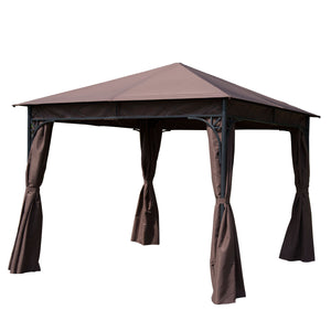 Outsunny 10x10ft Steel Garden Gazebo Patio Canopy Outdoor Event Party Tent Backyard Sun Shelter With Curtain Coffee