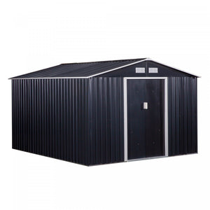 Outsunny 9' X 11' Metal Storage Shed With Floor Foundation, Garden Tool House With Double Sliding Doors, 4 Air Vents For Backyard, Patio, Lawn, Dark Grey