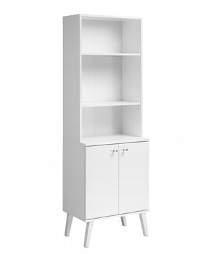 Milo Mid-Century Modern Tall Bookcase with Adjustable Shelves, 2 Doors & Brushed Brass-Finished Knobs - White