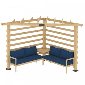 Outsunny 9' X 9' Corner Pergola With Conversation Set And Cushions, Fir Wood Outdoor Pergola With End Table For Climbing Plants, Natural And Blue