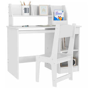 Qaba Kids Desk And Chair Set For 5-8 Year Old With Storage, Study Table And Chair For Children, White