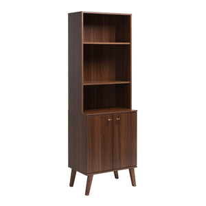 Milo Mid-Century Modern Tall Bookcase with Adjustable Shelves, 2 Doors & Brushed Brass-Finished Knobs - Cherry