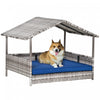 Pawhut Elevated Rattan Dog House Outdoor With Canopy, Wicker Dog Bed With Water-resistant Cushion, For Small And Medium Dogs Dark Blue