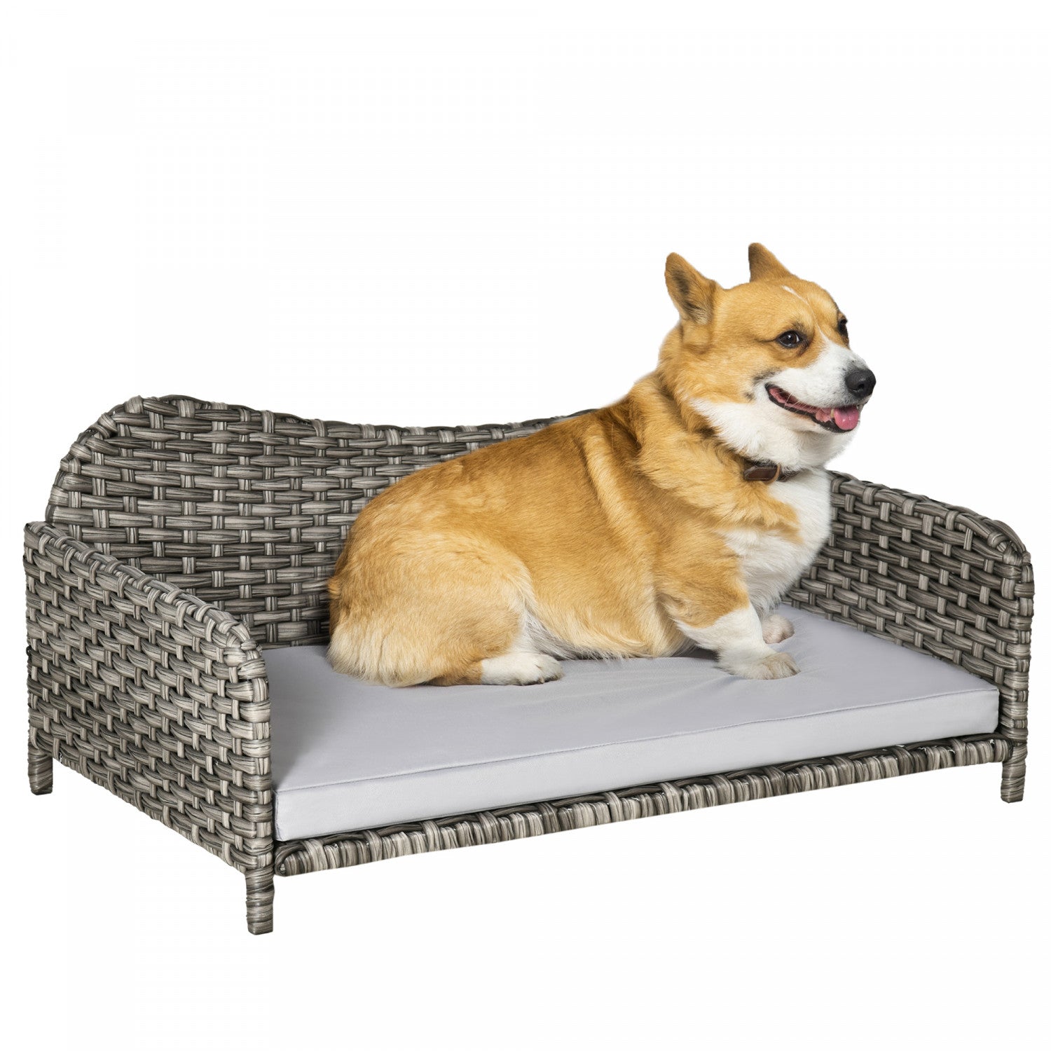 PawHut Rattan Pet Sofa for Large Medium Dogs Indoor Outdoor Raised Wicker Dog Bed Cat Couch with Soft Washable Cushion Light Grey