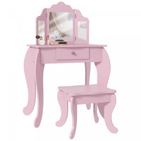 Qaba Kids Vanity Table And Stool, Makeup Vanity Girls Dressing Table Set With Tri-folding Mirrors Dr