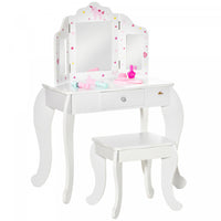 Qaba Kids Vanity Table & Stool Girls Dressing Set Make Up Desk With Tri-folding Mirrors Drawer Star 