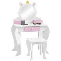 Qaba Kids Vanity Set With Mirror And Stool, Makeup Vanity Table For Children 3-6 Years Old, With Dra