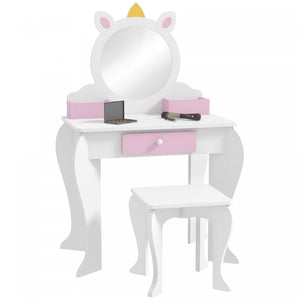 Qaba Kids Vanity Set With Mirror And Stool, Makeup Vanity Table For Children 3-6 Years Old, With Drawer Storage Boxes, Unicorn-design
