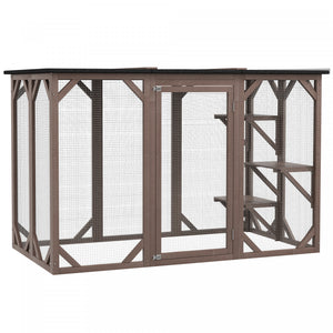 Pawhut Cat Cage Indoor Catio Outdoor Cat Enclosure Pet House Small Animal Hutch For Rabbit, Kitten, Crate Kennel With Waterproof Roof, Multi-level Platforms, Lock, Camel