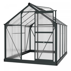 Outsunny 6' X 8' Clear Polycarbonate Greenhouse Walk-in Green House Garden Plants Grow Galvanized Base Aluminum Frame With Rain Gutter, Vent And Sliding Door, Grey