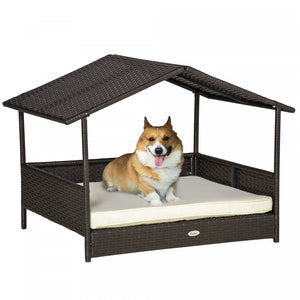 Pawhut Elevated Rattan Dog Bed Pet Home Indoor Outdoor Wicker Dog Cot Dog House Pet Furniture Sofa Bed With Padded Cushion And Roof Shelter Cream White