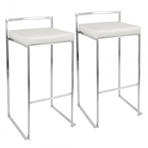 LumiSource Fuji White Faux Leather Contemporary Stackable Barstool - Set of 2