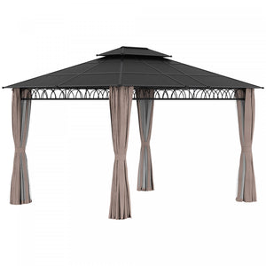 Outsunny 10' X 12' Outdoor Gazebo Canopy, Double roof Hardtop Gazebo With polycarbonate Roof, Steel Frame, Nettings and curtains, For garden, lawn, backyard and deck, Khaki