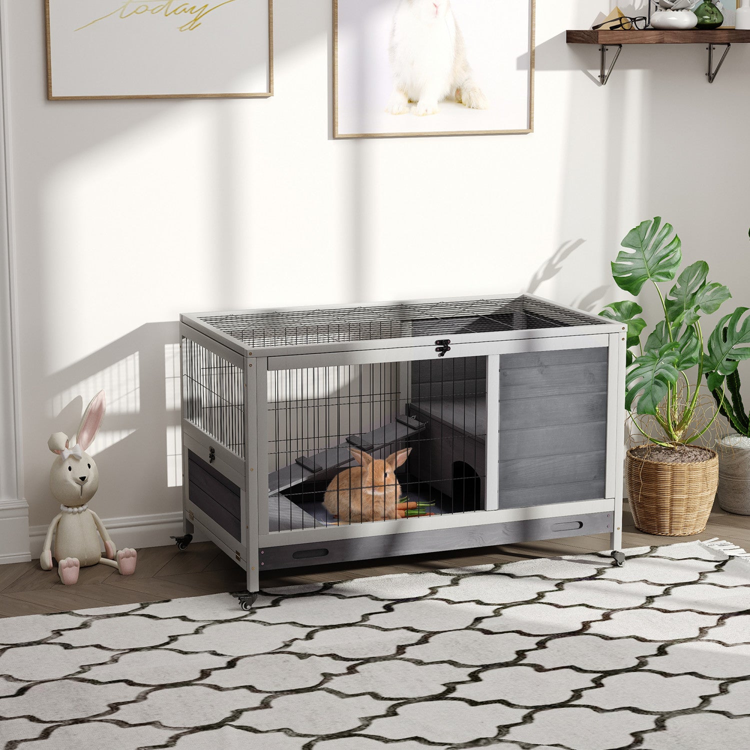 PawHut Wooden Indoor Rabbit Hutch Elevated Cage Habitat with Enclosed Run with Wheels Ideal for Rabbits and Guinea Pigs