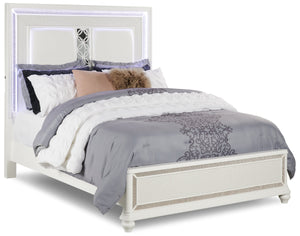 Ava Panel Bed with Headboard & Frame, LED, Glam, White - Queen Size