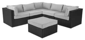 Barbados 6-Piece Outdoor Patio Set with 3 Corner Chairs, 2 Armless Chairs & Ottoman - Hand-Woven Resin Wicker, UV & Weather Resistant - Black/Grey