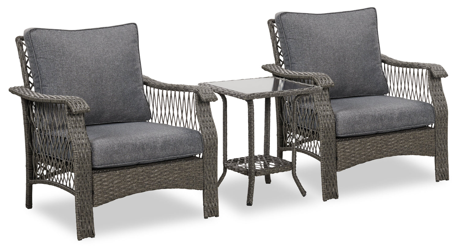 Belize 5 Piece Outdoor Patio Conversation Set with 2 Chairs 2 Ottomans Glass Top Coffee Table Resin Wicker UV Weather Resistant Grey