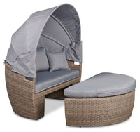 Capri 2-Piece Canopy Outdoor Patio Conversation Set with Canopy Daybed, Semi-Circle Ottoman & 4 Throw Pillows - Hand-Woven Resin Wicker, UV & Weather Resistant - Grey