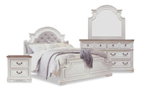 Grace 5pc Bedroom Set with Bed, Dresser, Mirror & Nightstand, Wooden, Fabric, Antique White - King Size 