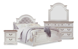 Grace 5pc Bedroom Set with Bed, Dresser, Mirror & Nightstand, Wooden, Fabric, Antique White - King Size