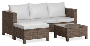 Miami 3-Piece Outdoor Patio Conversation Set with Sofa, Ottoman & Glass Top Coffee Table - Hand-Woven Resin Wicker, UV & Weather Resistant - Brown/Taupe