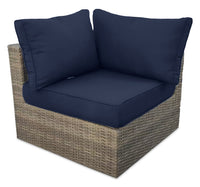 Naples Corner Outdoor Patio Chair - Hand-Woven Resin Wicker, UV & Weather Resistant - Natural/Blue 