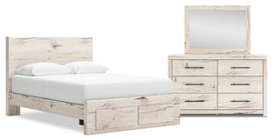 Derekson 5pc Bedroom Set with Storage Bed, Dresser & Mirror, Rustic White - Queen Size