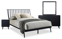 Milan 6pc Bedroom Set with Bed, Dresser, Mirror & Nightstand, Mid-Century Modern, Black - Queen Size 