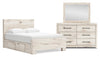 Derekson 5pc Bedroom Set with Side Storage Bed, Dresser & Mirror, Rustic White - Queen Size