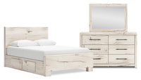 Derekson 5pc Bedroom Set with Side Storage Bed, Dresser & Mirror, Rustic White - Queen Size 