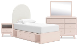 Lola 6pc Bedroom Set with Storage Bed, Dresser, Mirror & Nightstand, Boucle Fabric & Blush - Twin Size