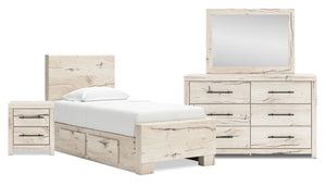 Derekson 6pc Bedroom Set with Side Storage Bed, Dresser, Mirror & Nightstand, Rustic White - Twin Size