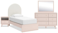 Lola 6pc Bedroom Set with Panel Bed, Dresser, Mirror & Nightstand, Boucle Fabric/Blush - Twin Size 